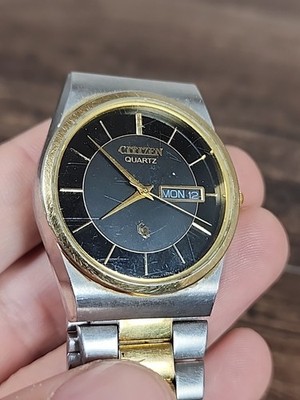 Men Citizen CQ Watch 6101 T15588kt Black Gray Face Silver Gold