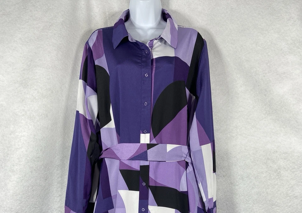 Calvin Shirt Dress Women’s 18W Purple White Abstract Long Sleeves - Image 2 of 4