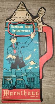 Vtg Wursthaus German restaurant souvenir stein menu, Harvard Square MA, ca 1967
