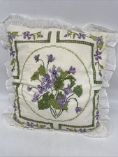 Vtg Hand Cross Stitched Pillow Violets Purple Lace Cottage Granny Core 13 X 14