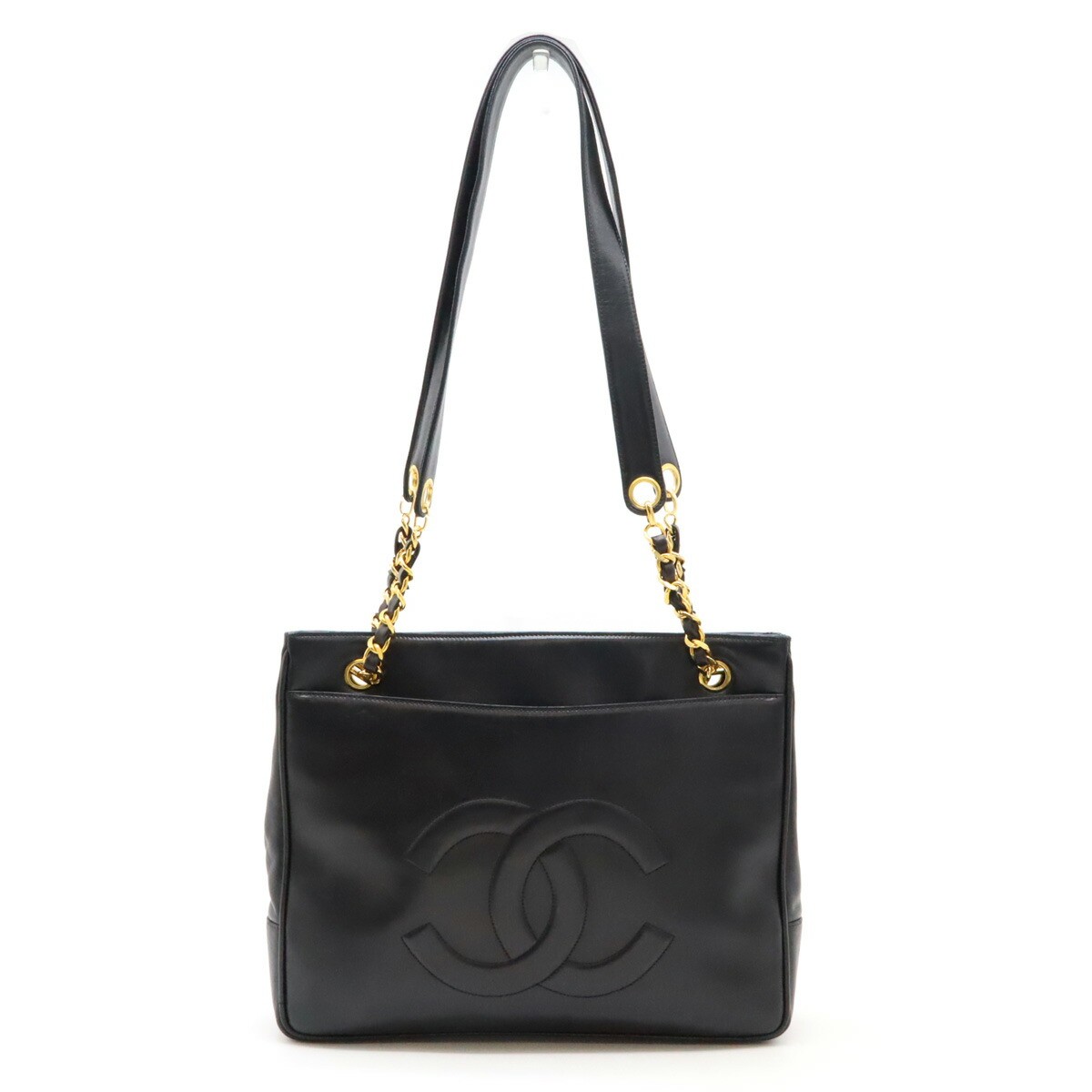 CHANEL Coco Mark Chain Leather Tote Bag in Black with Gold Accents