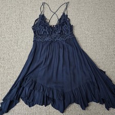 Free People Navy Lace Mini Slip Dress Crochet Asymmetrical Boho Fairy Womens M