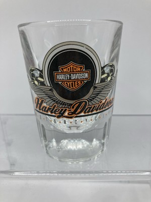 Harley Davidson 2 oz Shot Glass Orange & Black Logo Gray Wings Beveled  3'' X 2''
