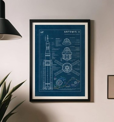 Artemis II Blueprint Poster, Orion Spacecraft And Rocket, Lunar Flyby Mission