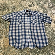 Plains Mens Western Wear Blue Black Plaid Pearl Snap Short sleeve w/ Pockets XL