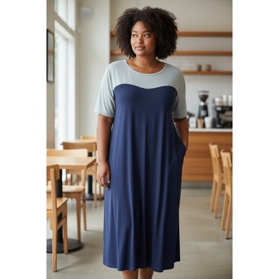 Loveappella Navy Blue Light Blue Gray Colorblock Midi Dress Plus Size 3X