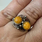 Vintage Double Butterscotch Egg Yolk Amber Sterling Silver Ornate Ring Sz 8.5