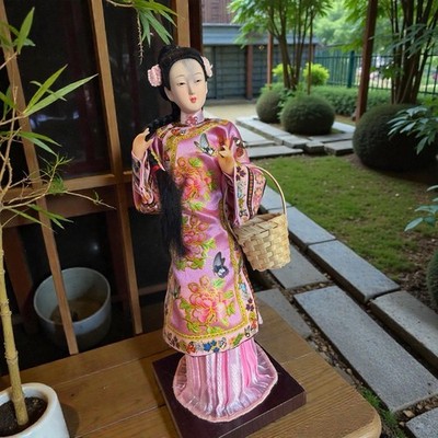 Chinese Opera Figure And Wood Folding Screen Doll Miniature Huizhou Woman 
