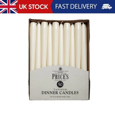 Price's Candles Tapered Dinner Candles Ivory Unscented Wax Pack of 50 | 7 Hour B