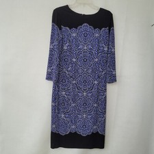 White House Black Market Dress Womens 10 Black Blue Print Scuba Knit 3/4 Sleeve