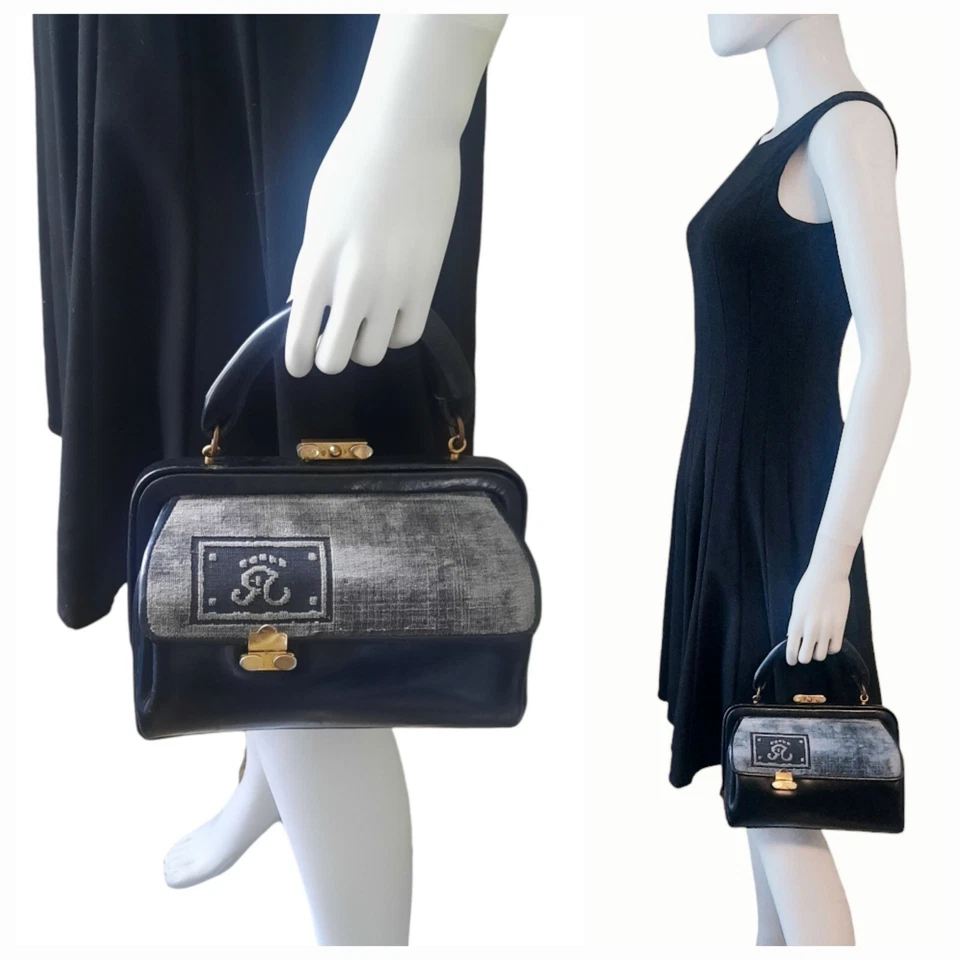 Bolso Bagonghi ROBERTA DI CAMERINO Vintage Cuero Negro con Borde de Terciopelo Gris Foto 4 de 4