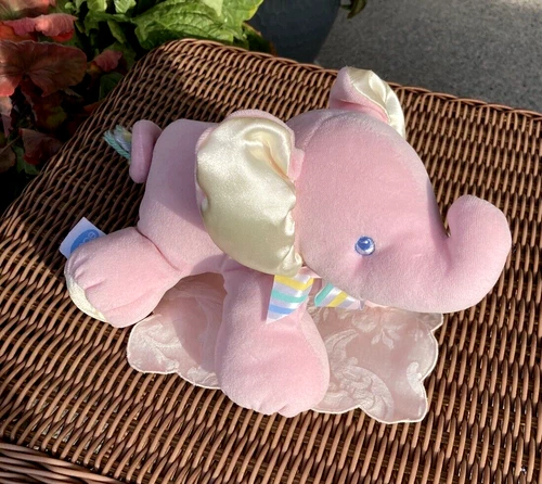 Vintage Eden Pink Plush Elephant Baby Toy Pastel Stripes Ribbon Smooth Soft USA