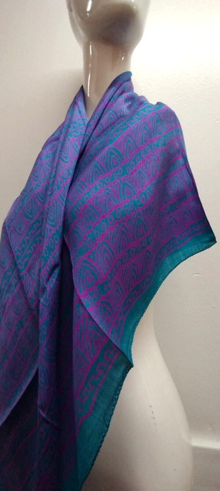 Silk Scarf Tribal Teal Vibrant Fuchsia India Silk BIG SIZE 40 in LARGE VINTAGE - Image 2 of 4