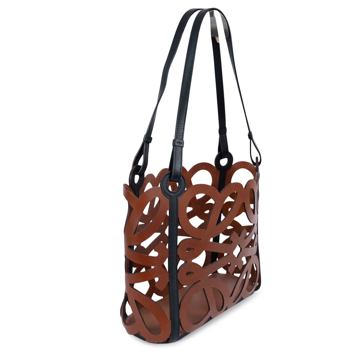 69222 auth LOEWE cognac brown & black leather ANAGRAM SMALL CUT