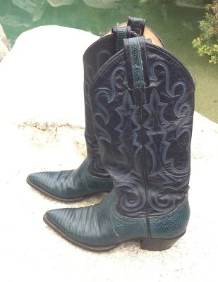 LARRY MAHAN Womens Cowboy Western Boots Teal Lizard Foot W/ Blk-navy Top Sz 5.5B