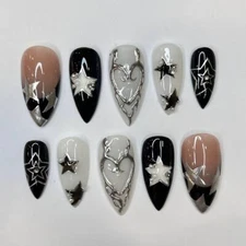 Freestyle Silver Stars Press On Nails, Elegant Fake Nails, Chrome Nails Art, Bir