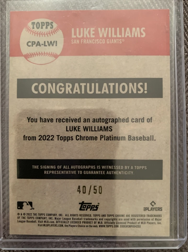 2022 Topps Chrome Platinum Luke Williams Gold Auto RC Rookie #/50 SSP Giants!! - Image 2 of 2