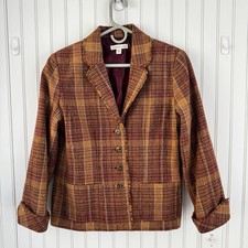 Coldwater Creek Blazer Jacket 10 Rust Plaid Tweed Raw Edge Fall Preppy Academia