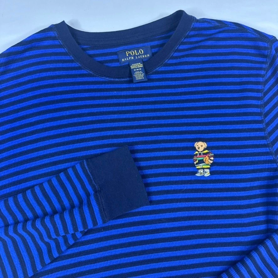 Polo Bear Ralph Lauren Thermal Shirt Mens Medium Blue Striped Waffle Knit
