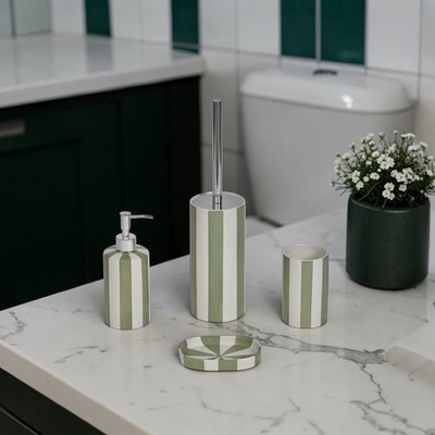 Pier grün weiß gestreift Bad Accessoire Set Seifenbecher Spender Bürste