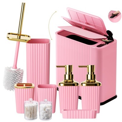 9-Piece Pink Bathroom Set - Cute & Functional Set with Slim Trash Can, Soap D...