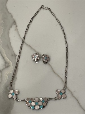 Vintage Zuni Inlaid Mother of Pearl & Turquoise earrings, and necklace Set 17 