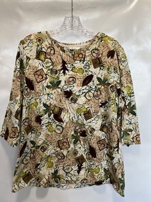 CJ Banks Leaf Tree & Misc Stretch 3/4 Sleeved Shirt Top Blouse 1X