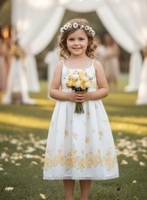 Girl White Floral Party/ Flower Girl Dress Size 8. Gathered Bodice Cottagecore