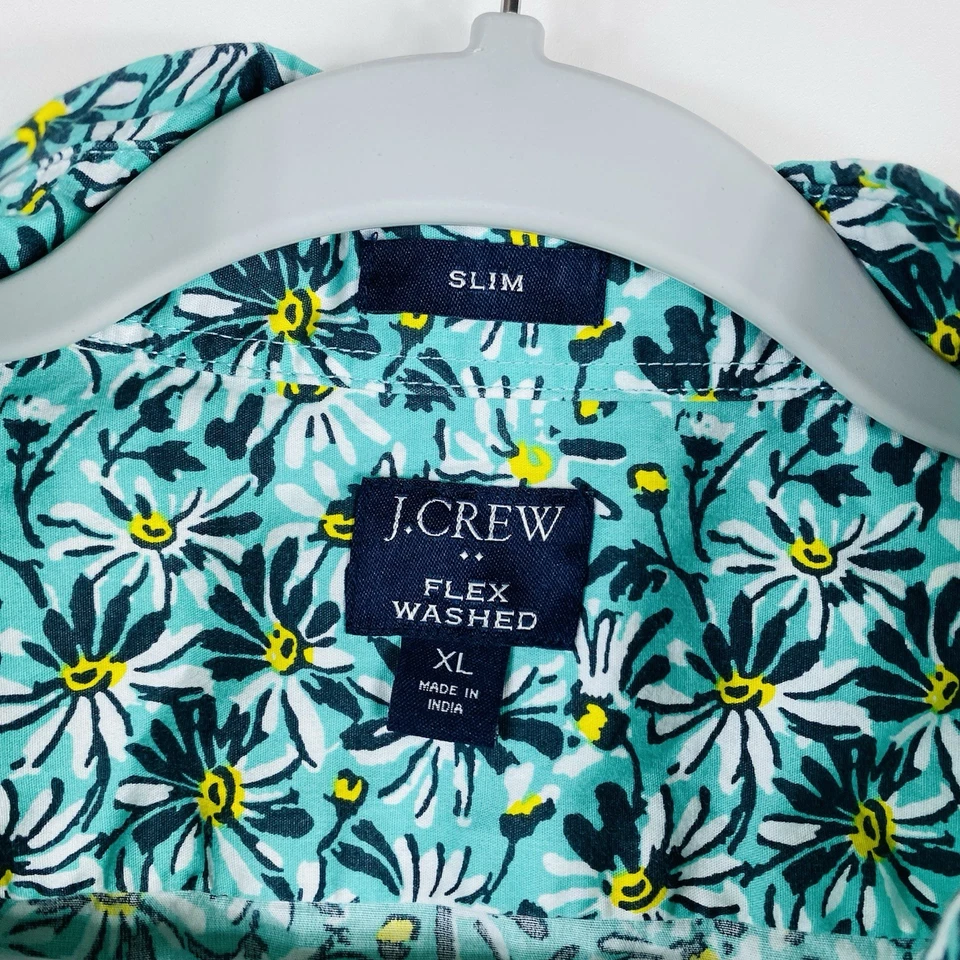 J. Camisa Crew Talla XL Floral Flexible Lavada Calce Ajustado Manga Corta Botón Verde AO572 Foto 4 de 4