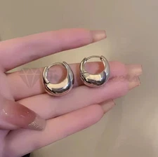 Vintage Women Girls 925 Sterling Silver Small Thick Chunky Huggie Hoop Earrings