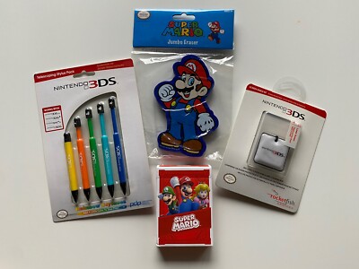 Nintendo 3ds Super Mario, Mario Bros Set Of Stylus/screen Wipe And Eraser/cards 