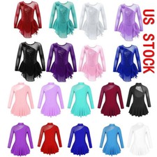 Girls Figure Ice Skating Dress Ballet Dance Leotard Dress Skirted Jumpsuit