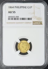 1864 Spanish Philippines Gold 1 Peso - NGC AU 55 - ✪COINGIANTS✪