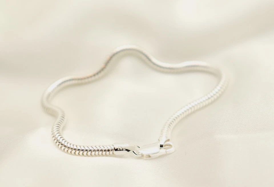 Solid 925 Sterling Silver 3mm Round Snake Chain Bracelet - 7.5" Inch - ITALY - Image 2 of 4