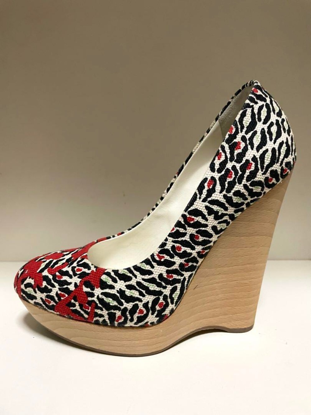 Decolte donna YSL Yves Saint Laurent stampa leopardata tela zeppa tacco taglia 35 US5