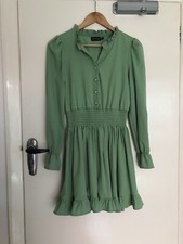 Pretty Little Thing 8 Green Frill Long Sleeve  Mini Dress