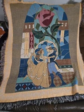Disney Beauty and the Beast Tapestry Fringe Throw Blanket 50x60 RARE