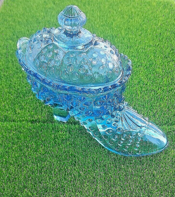 Blue Glow Black Light Shines Hobnail Covered Glass Decor Shoe Orange Selenium