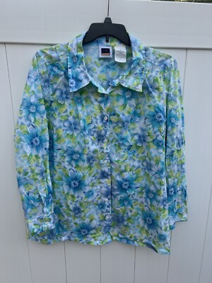 Vintage CST Sport Womens 3X Button Up Floral Light Weight Long Sleeve Blues