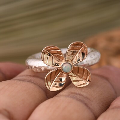 Delicate Two Tone Flower Ring With Ethiopian Opal Thick Band Ring, Dome Ring