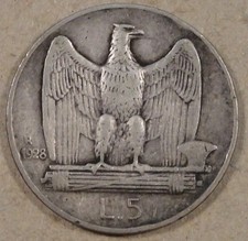 Italy 5 Lira 1928-R **Fert** Edge Mid Grade Coin