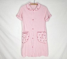 Vintage 1960s Pink Seersucker House Dress Preppy Rosebud Embroidery Retro Pinup