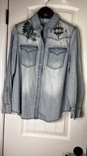 Womens Embroidered Western Snap Denim Shirt Aztec Fashion Express Sz M Rodeo