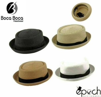 EPOCH Upturn Straw Braid Pork Pie Hat Grosgrain Band Fedora