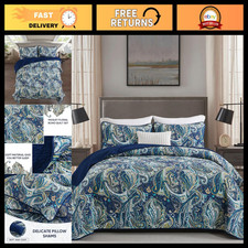 Boho Navy Gold Paisley Quilt Set Queen Size - 3 Piece Bedspread Coverlet