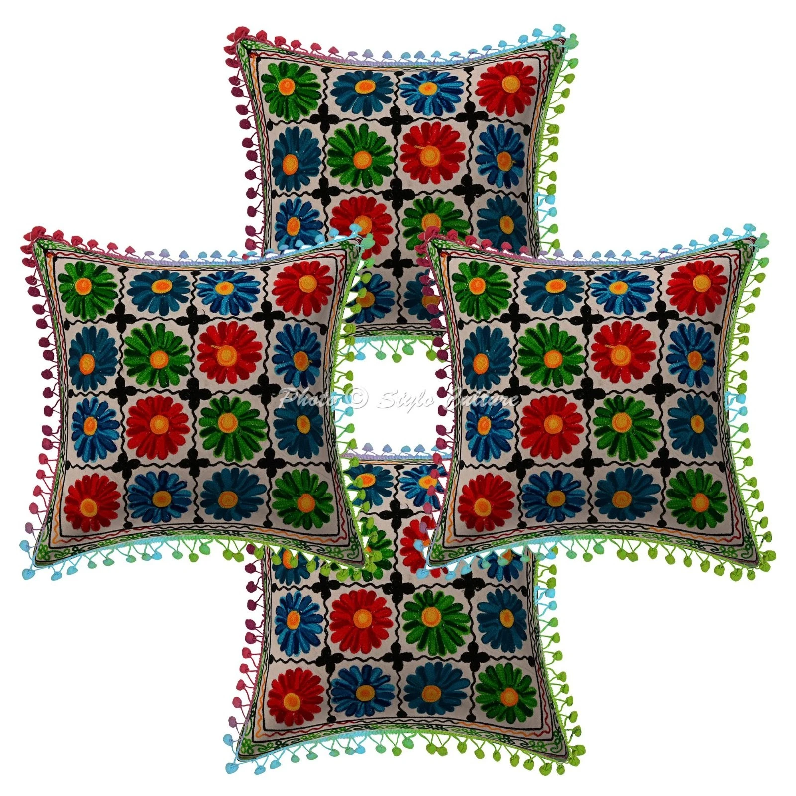 Decorative Suzani Embroidered Pom Pom Throw Pillow Covers Cotton Home Decor