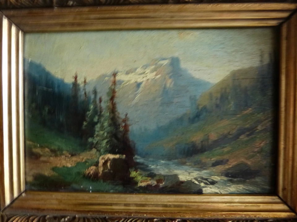 Tableau peinture ancienne paysage montagneux sommet montagne bord de rivère 2 - Photo 3/4