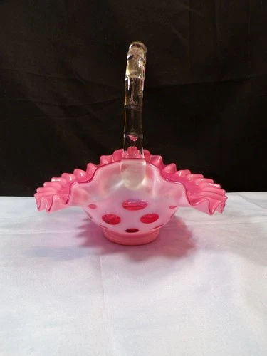 Fenton Cranberry Opalescent Glass Coin Dot Basket 7" Tall INV2