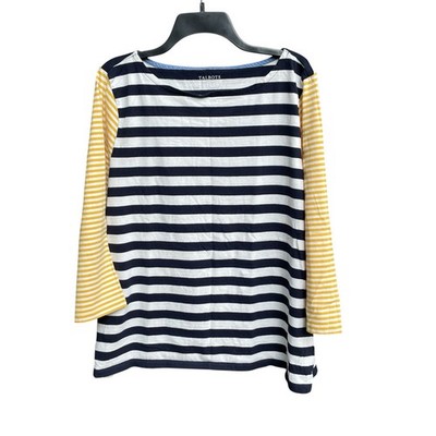 Authentic Talbots Tee Womens Size XL Mixed Stripe Yellow Navy White 3/4 Sleeve