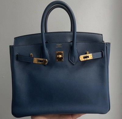 HERMÈS Birkin 25 Deep Blue Gold Hardware Top Handle Bag Lock Key Clochette